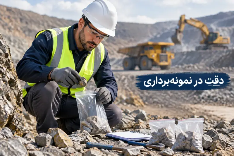 زمین‌شناس در حال بسته‌بندی دقیق نمونه‌های حفاری با برچسب دقت در نمونه‌برداری