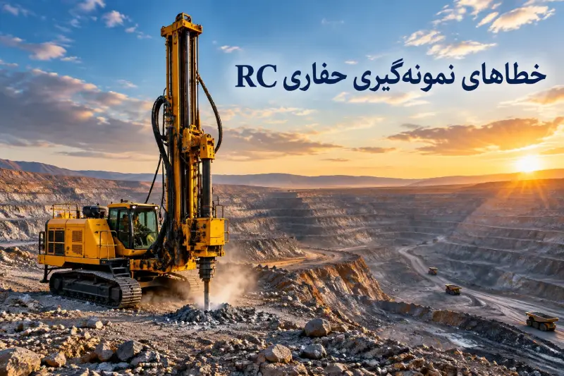 دکل حفاری RC در حال عملیات در معدن روباز با نوشته خطاهای نمونه‌گیری حفاری RC