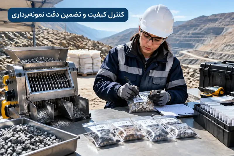 کارشناس معدن در حال تقسیم و برچسب‌گذاری نمونه‌های حفاری برای حفظ دقت آنالیز