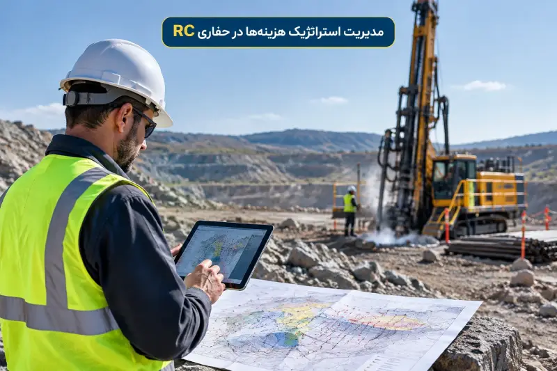 زمین‌شناس در حال بررسی نقشه معدن و برنامه‌ریزی برای مدیریت هزینه‌های حفاری RC
